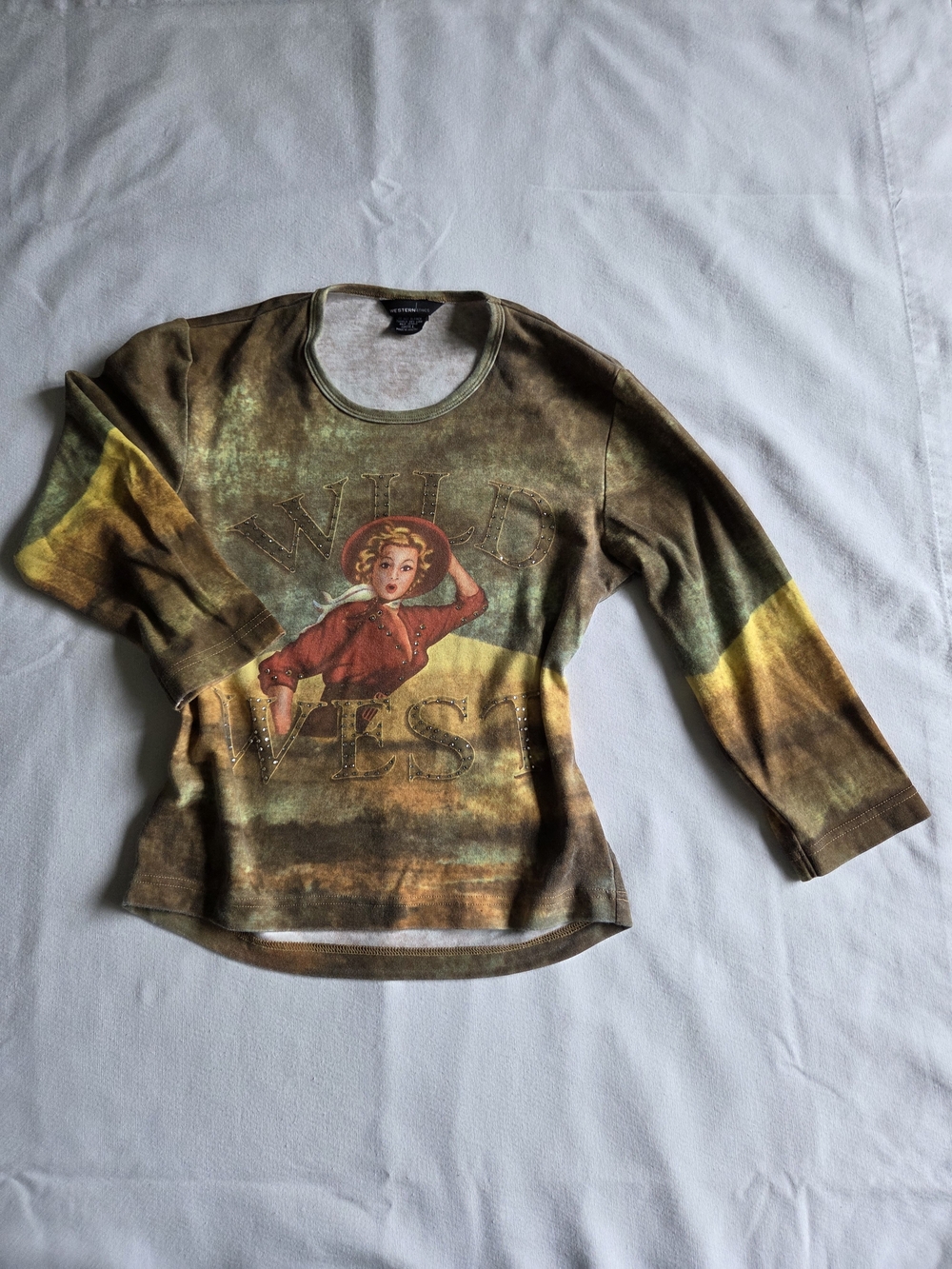 Wild West Stud-Embellished Women's Graphic Top - Olive Brown - Picture 2 of 4